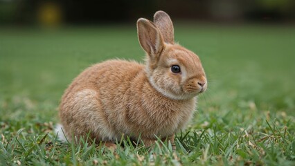 Healthy adorable bunny easter fluffy brown rabbits, baby rabbit on green garden background. The Easter brown hares. Close-up of a rabbit. Symbol of easter festival animal.