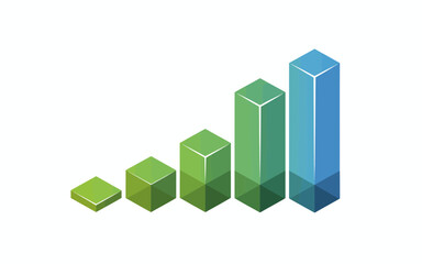 Isometric 3d bar chart showing a clear upward trend with green and blue bars representing increasing data values and growth