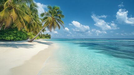 Fototapeta premium Tropical beach with palm trees and turquoise water, clean white sand. Ideal for travel brochures, travel websites, resort advertising, interior design.