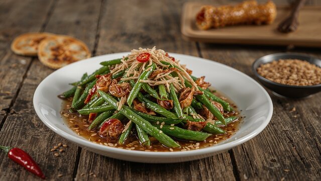 Sayur tumis kacang panjang dengan ikan teri or Stir fried long bean with anchovy for lunch or dinner, isolated on wooden table.
