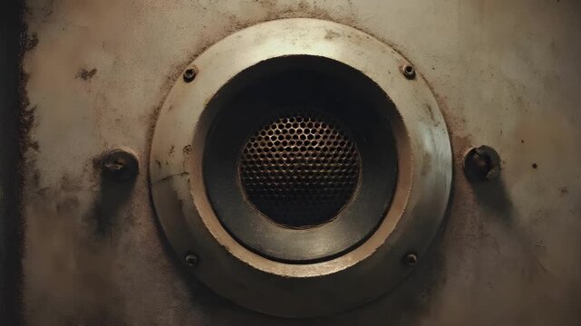 Rusty circular metal hatch with a perforated mesh center, resembling an industrial vent or speaker grille.