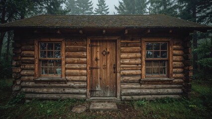 Weathered traditional wooden cabin featuring a front door entrance and dual windows on either side.