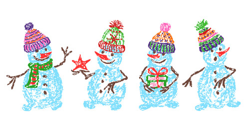 Christmas funny cute snowman set in colorful winter knitted pom-pom beanie hat, pom bobble. Crayon, pastel chalk or pencil like kids hand drawing style. Cartoon character, doodle flat scene vector 