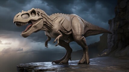 Fototapeta premium An ultra-realistic photo of a Tyrannosaurus rex with a fierce expression, standing on a rocky cliff 