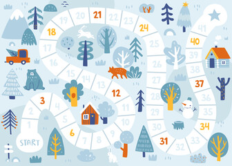 Winter board game with woodland valley. Cartoon doodle christmas map game.