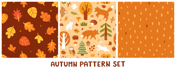 Autumn forest pattern set. Seamless fall print collection.