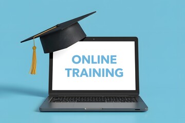 Enroll in online training courses with virtual graduation cap on modern laptop for career growth now