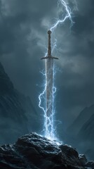 Stormy night reveals a majestic sword surrounded by powerful lightning in a mystical landscape