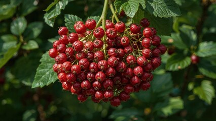 Fototapeta premium Vivid red berries on the tree in the garden up close, blank space for text