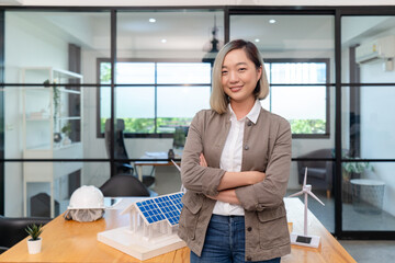 portrait female architect standing working on house real estate project, asian woman engineer in...