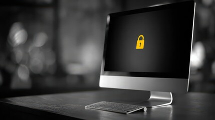 Computer monitor displays a locked screen with a yellow padlock symbol against a blurred background