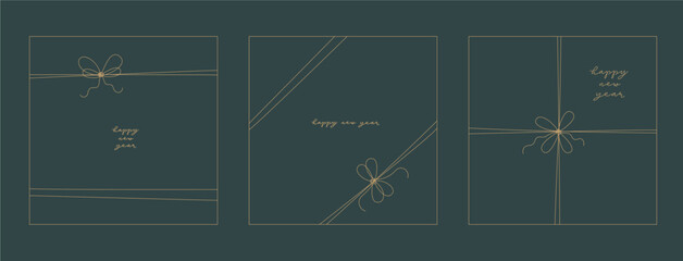 Line ribbon, knot gift box bow on green card, banner, invitation tepmlate. Merry Christmas, Happy new year poster design with gold knot