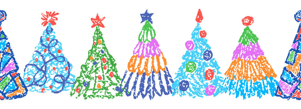 Christmas tree seamless border set. Like child's hand drawing crayon or pencil simple naive pattern. Kids vector doodle joyful funny colorful innocent easy art Cartoon flat bright scribble design
