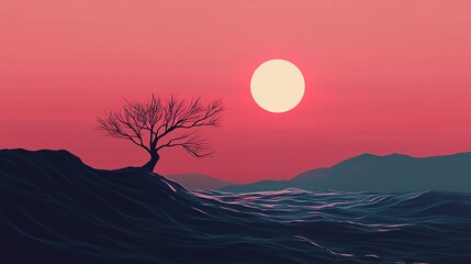 Minimalist Digital Art Landscape of a Solitary Tree on a Hill Above Abstract Ocean Waves at Sunset