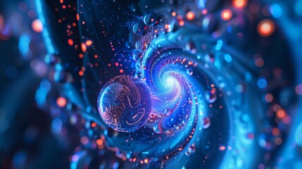 Abstract Blue Swirling Vortex of Light, Energy, and Droplets Representing Quantum or Cosmic Science