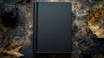 Closed Black Book with Wood Grain Texture Lying on a Dark, Rustic, Grunge Surface with Autumn Leaves