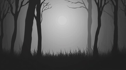 Eerie Moonlight in a Dark Forest Silhouette with Fog and Tall, Spooky Trees