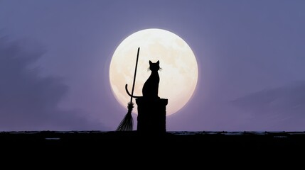 Spooky Halloween digital art featuring black cat silhouette on roof with broomstick and chimney, glowing full moon backdrop, dreamy twilight gradient night sky background illustration