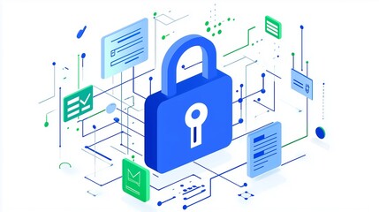Isometric Illustration of a Large Padlock and Data Network, Representing Cybersecurity and Data Protection