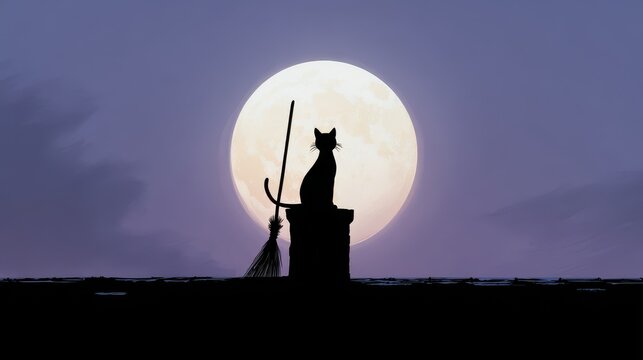 Spooky Halloween digital art featuring black cat silhouette on roof with broomstick and chimney, glowing full moon backdrop, dreamy twilight gradient night sky background illustration