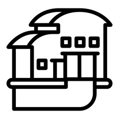 Building with warehouse line icon, manufacturing logistic concept, hangar with gate and road sign on white background, outline style for mobile web design. Vector graphics.