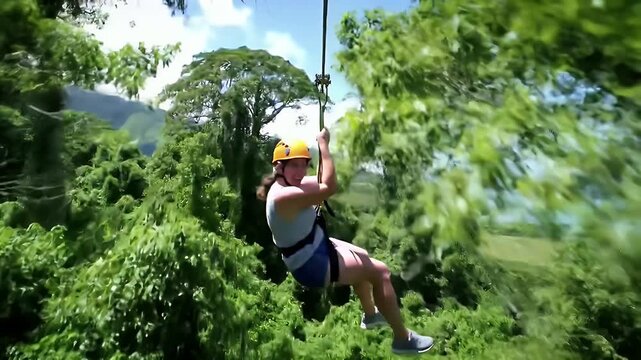 Woman enjoying a zipline adventure through the lush tropical rainforest