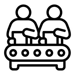 Two people working at conveyor with boxes line icon, manufacturing work concept, factory worker sign on white background, outline style for mobile web design. Vector graphics.