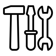 Hammer, screwdriver and wrench line icon, maintenance work concept, handyman tools, repair toolkit sign on white background, outline style for mobile web design. Vector graphics.
