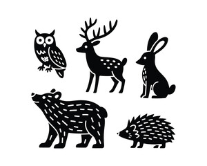 Charming woodland creatures set includes owl deer rabbit bear hedgehog stylized art