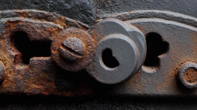 Close-up of a heavily rusted metal latch and keyhole on a dark door.