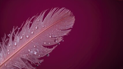 Fluffy pink feather with water drops on purple background, closeup. Space for text