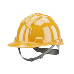 A yellow construction hard hat with a gray adjustable strap isolated against a black background studio shot on transparent background