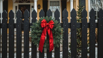A black wooden fence with wood palings and an evergreen wreath decorated with a red ribbon adorns the front entrance of a historic yellow and white house with a black door during Christmas.