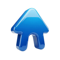 A glossy blue arrow icon pointing upwards on a black background in a three dimensional rendering style on transparent background