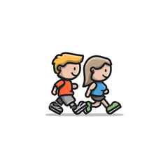 Happy cartoon boy and girl walking or running together, smiling. Cute children playing, active kids illustration, simple flat vector.