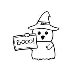 Cute cartoon ghost wearing a witch hat holding a sign that says booo