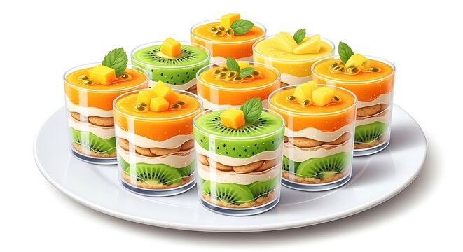 &ldquo;realistic cartoon plate of mini pav&ecirc;s de frutas tropicais with glossy mango and kiwi layers, isolated on pure white background with blank space&rdquo;