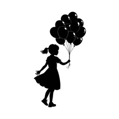 Silhouette of a girl holding a bunch of black balloons