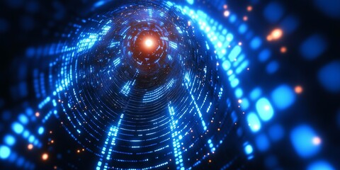 Obraz premium Futuristic Blue Digital Tunnel of Light and Data Flow with Central Red Spot