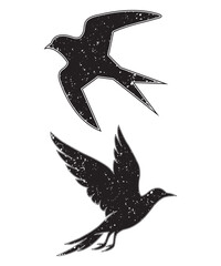 Grunge Flying Bird Silhouettes Vector Illustration.
