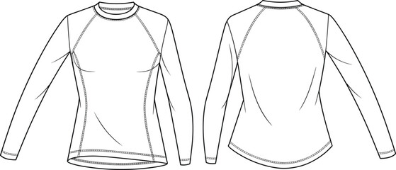 Technical flat sketch, long sleeve athletic shirt, raglan sleeve design, front and back view, fashion illustration, garment construction, apparel template
