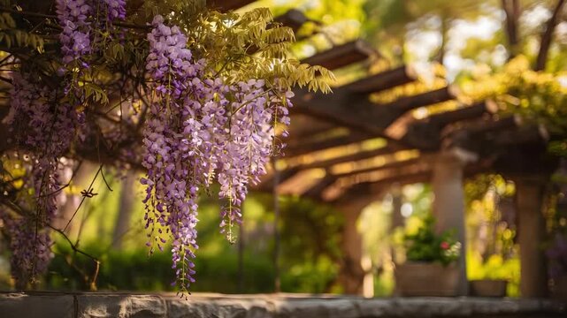 Purple wisteria flowers drape from a trellis over a stone wall in a sunny garden with a wooden pergola.