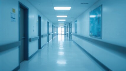 Blurry photo of hospital walkway with bright clean blue lighting. White floor with cool tone color, light tunnel in the middle. Use for background purpose. Medical and insurance concept.