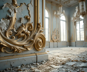 Elegant decay in a forgotten palace, with peeling paint and gold accents.