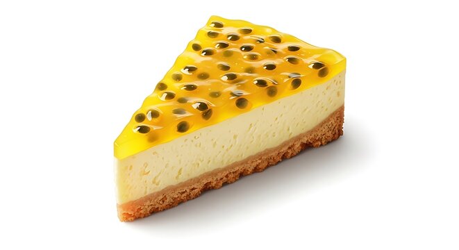 &ldquo;cartoon realistic slice of passion fruit cheesecake with yellow topping and biscuit base, vibrant tones, isolated on bright white background with soft shadow&rdquo;