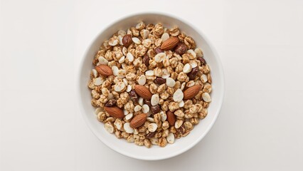 Multigrain (Cheese Creamy) granola with a mixture of nuts in a white bowl on a white background. Tasty and healthy breakfast. Food made of granola and musli. Top view of granola and musli.