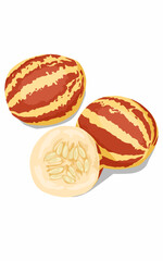 two ripe and half Pepino melon red and yellow striped fruit