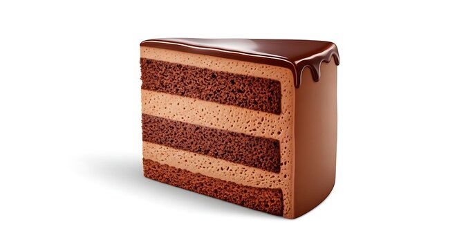“realistic cartoon slice of chocolate mousse cake with creamy layers and glossy topping, isolated on pure white background with soft shadows and blank space around”