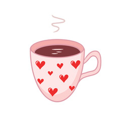 Mug of coffee or tea with hearts. Vector Illustration for printing, backgrounds, covers and packaging. Image can be used for greeting card, poster, sticker and textile. Isolated on white background.