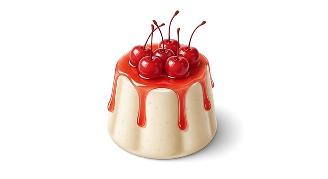 &ldquo;realistic cartoon manjar branco with glossy cherry syrup on top, creamy texture, isolated on pure white background with soft natural shadow and wide blank space around&rdquo;